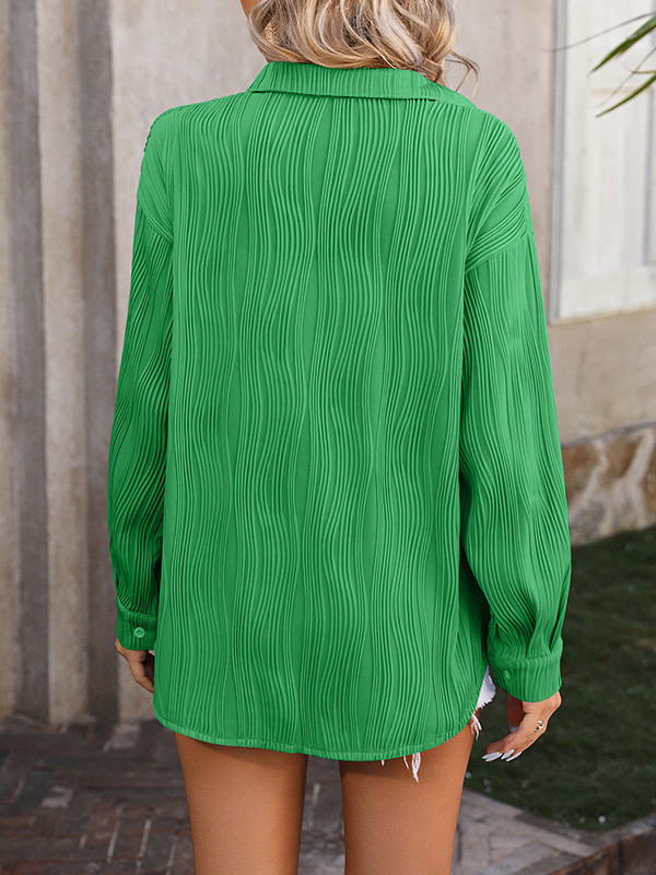 Solid Color Pleated Jacquard Buttoned Long Sleeves Blouses&Shirts Tops