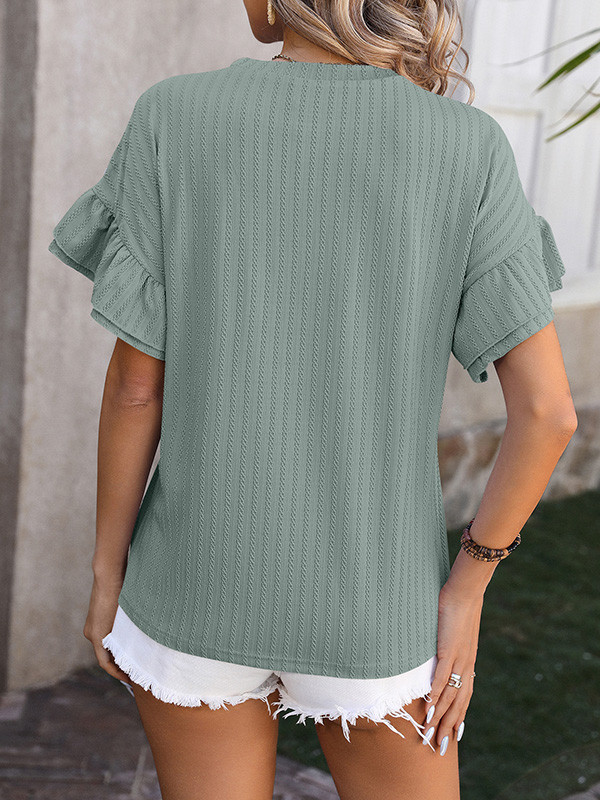 Solid Color Falbala Wrap Round-Neck T-Shirts Tops