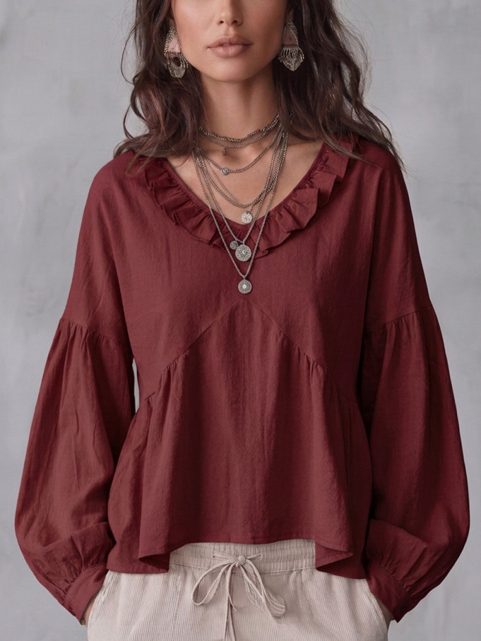 Split-Joint Solid Color Ruffle Trim Pleated Plus Size Loose Deep V-Neck Blouses&shirts Tops
