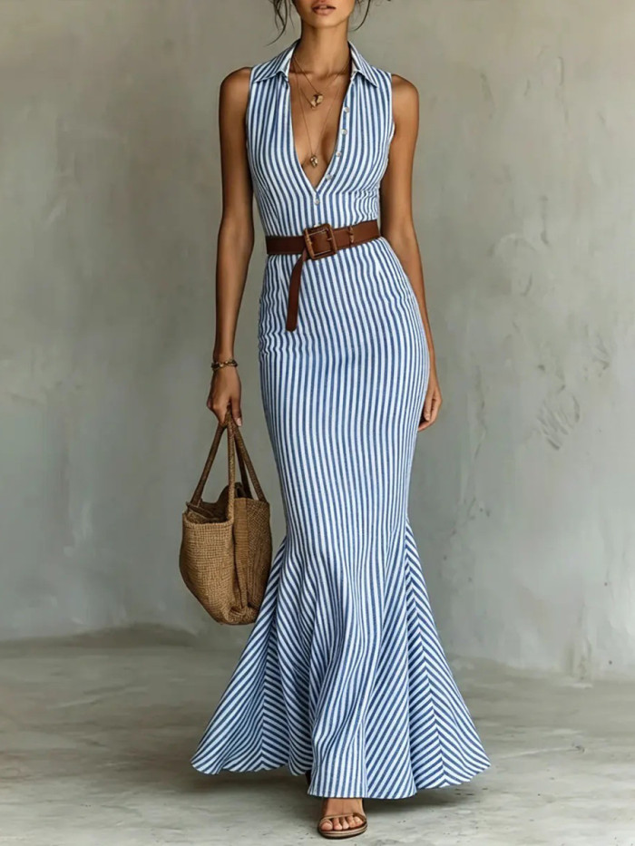 Striped Belted Sleeveless Mermaid Deep V-Neck Maxi Dresses