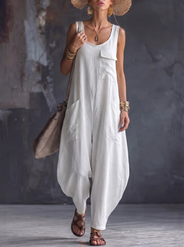 Solid Color Pockets Wide Leg Sleeveless Square-Neck Jumpsuits
