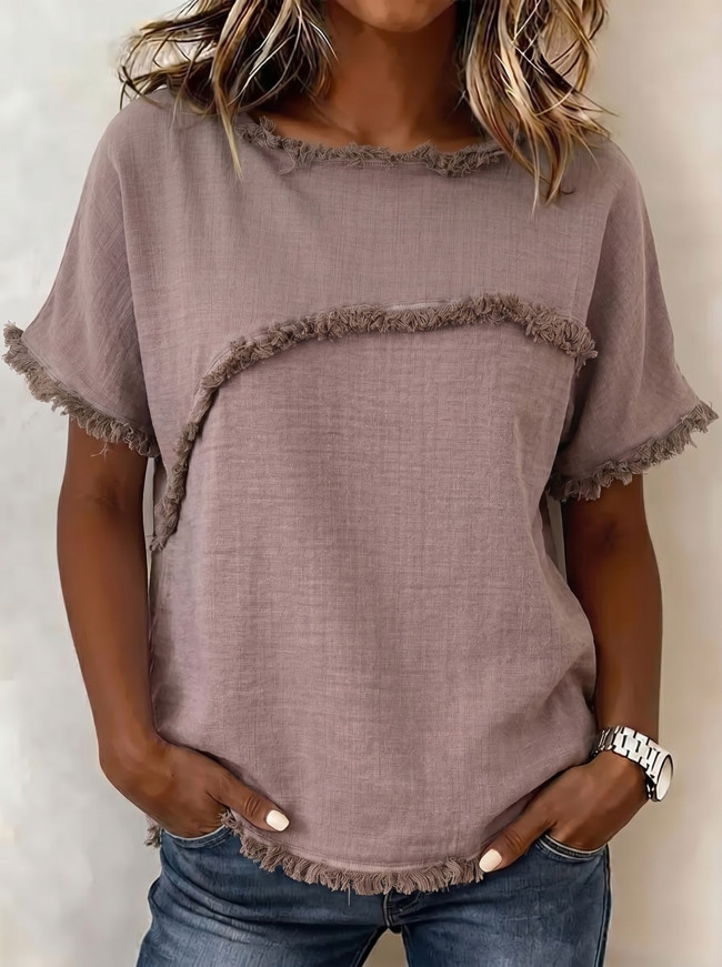 Split-Joint Solid Color Fringed Short Sleeves Loose Round-Neck T-Shirts Tops