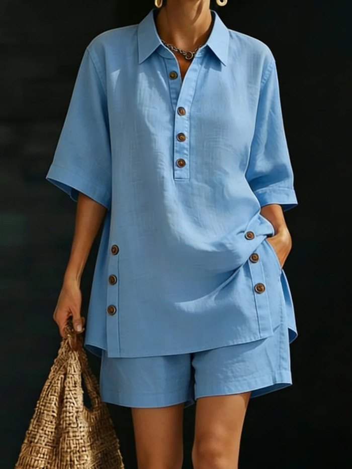 Solid Color Pockets Buttoned Wide Leg Short Sleeves Lapel Blouse Top + Shorts Bottom Two Pieces Set