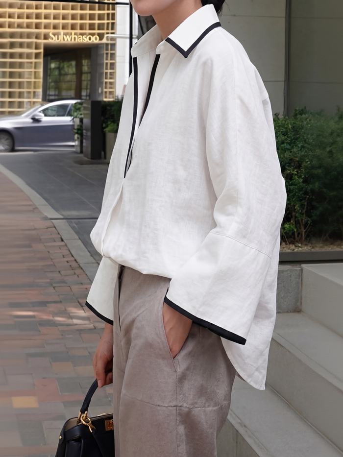 Split-Joint Solid Color Loose Long Sleeves Lapel Blouses&Shirts Tops