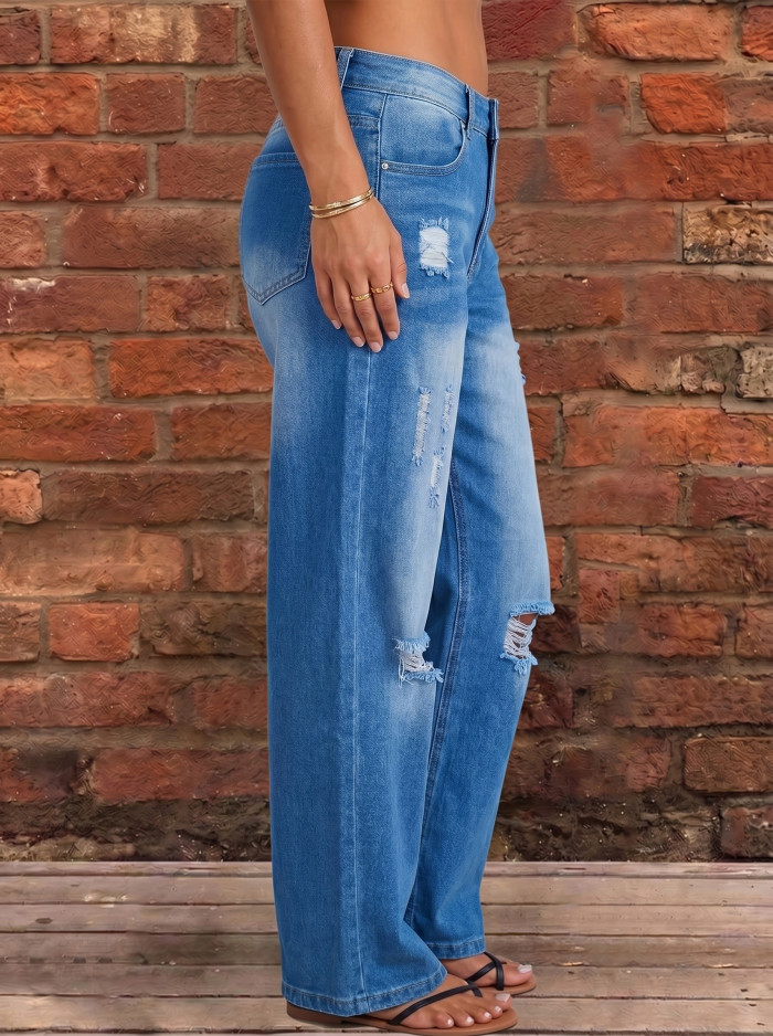 Split-Joint Pockets Hollow Buttoned Wide Leg High Waisted Jean Pants Bottoms