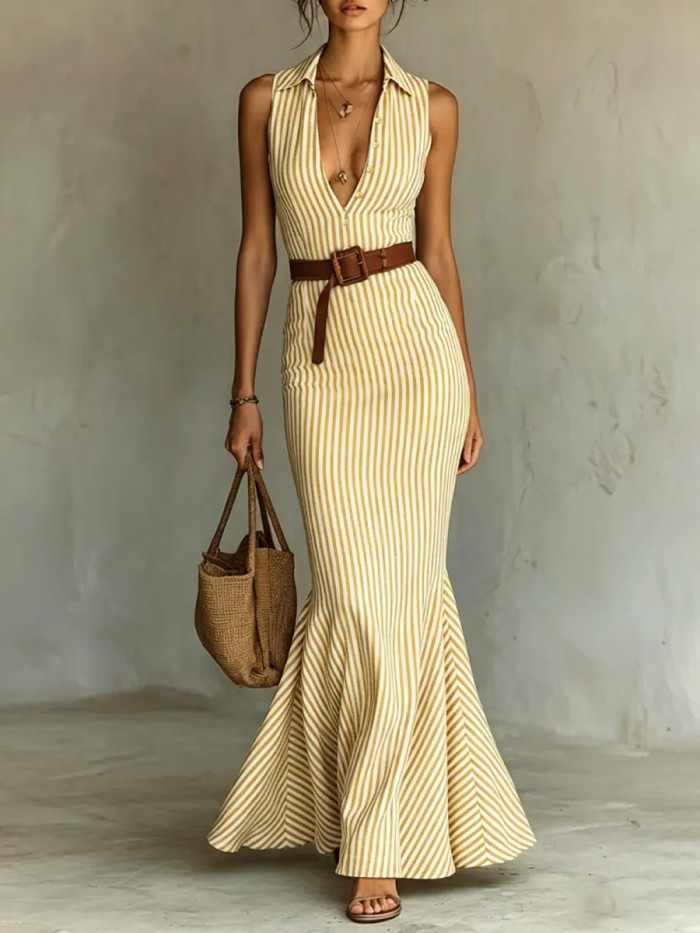 Striped Belted Sleeveless Mermaid Deep V-Neck Maxi Dresses