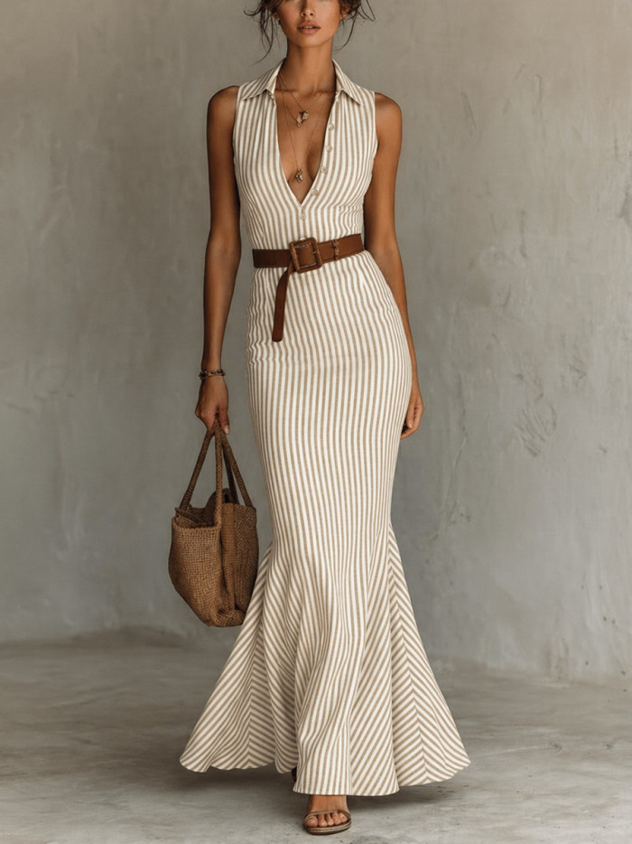 Striped Belted Sleeveless Mermaid Deep V-Neck Maxi Dresses