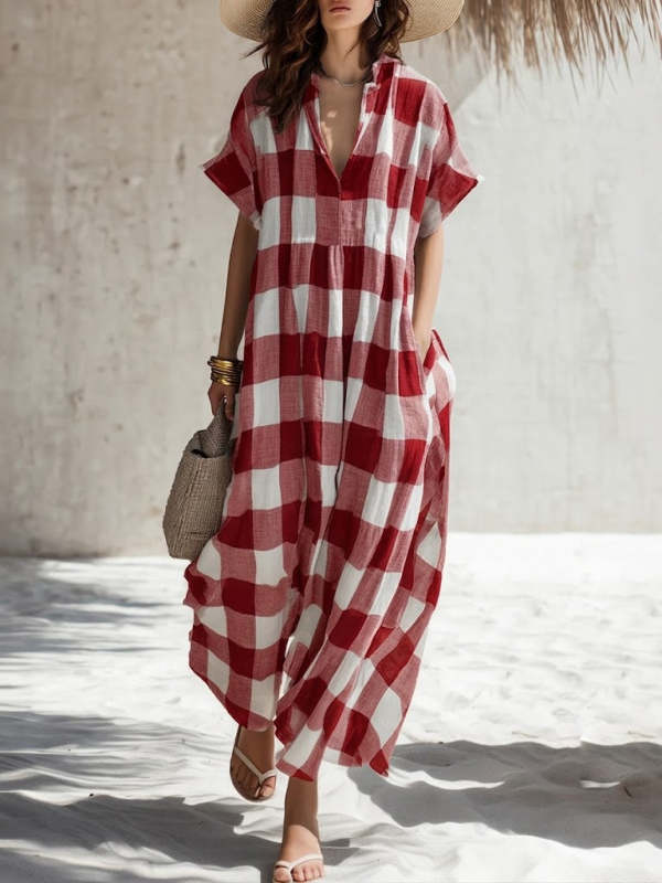 Casual Linen And Cotton Plaid Dress