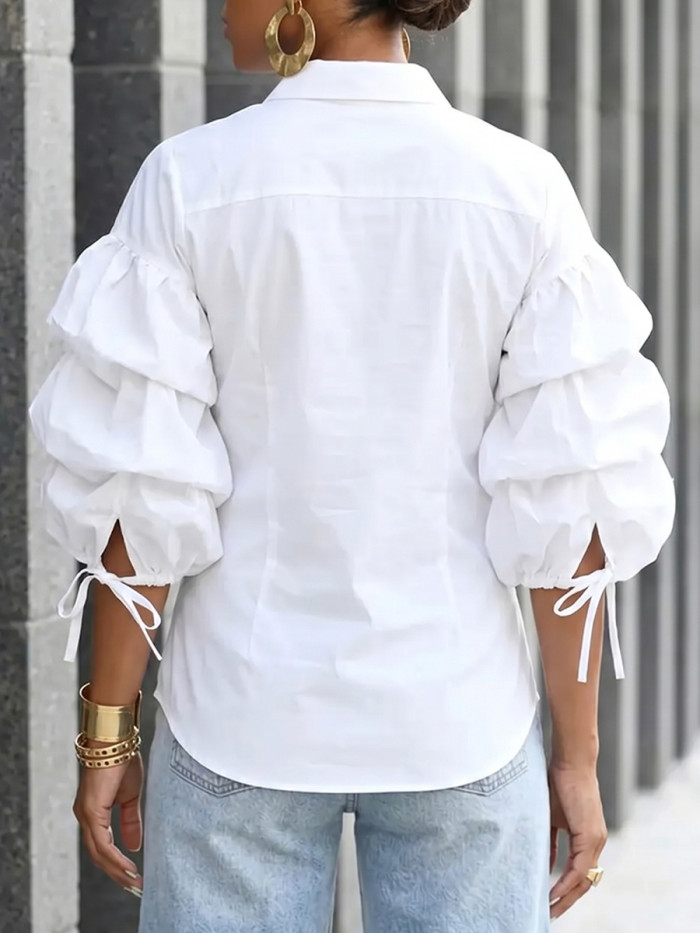 Tied Solid Color Buttoned Seven-quarter Sleeves Puff Sleeves Lapel Blouses&shirts Tops