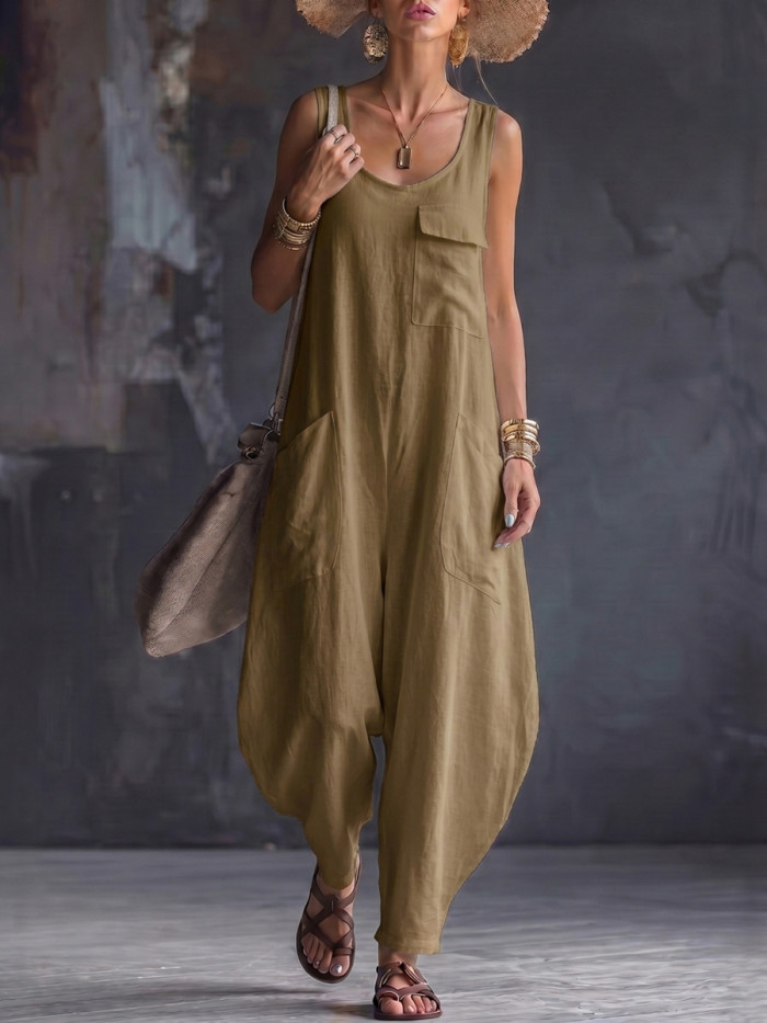 Solid Color Pockets Wide Leg Sleeveless Square-Neck Jumpsuits