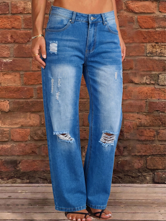 Split-Joint Pockets Hollow Buttoned Wide Leg High Waisted Jean Pants Bottoms