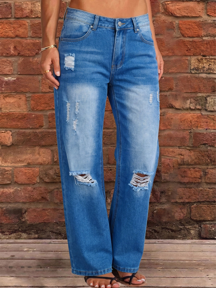 Split-Joint Pockets Hollow Buttoned Wide Leg High Waisted Jean Pants Bottoms