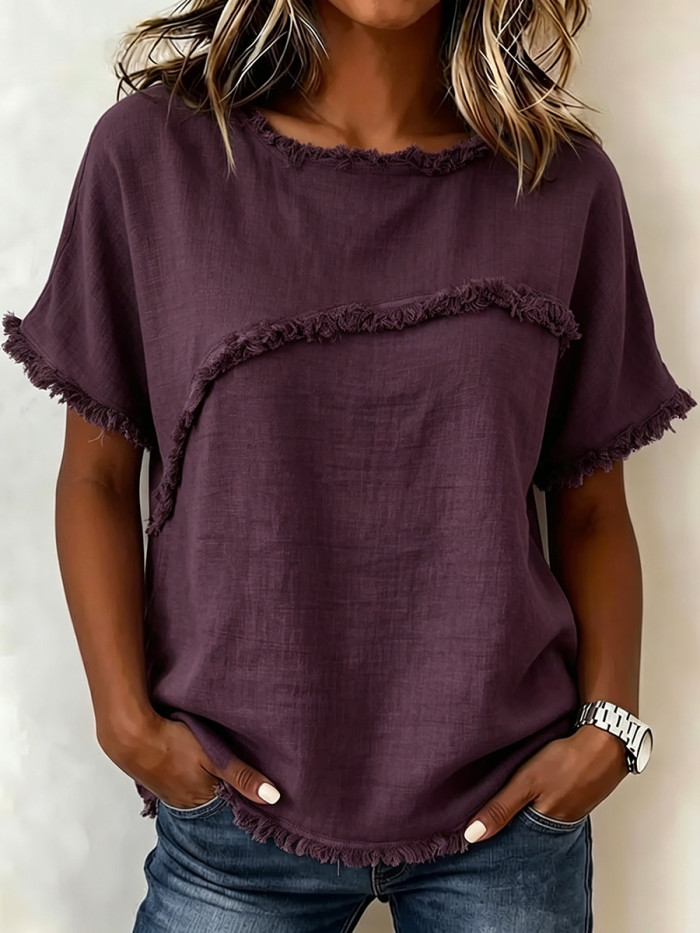 Split-Joint Solid Color Fringed Short Sleeves Loose Round-Neck T-Shirts Tops