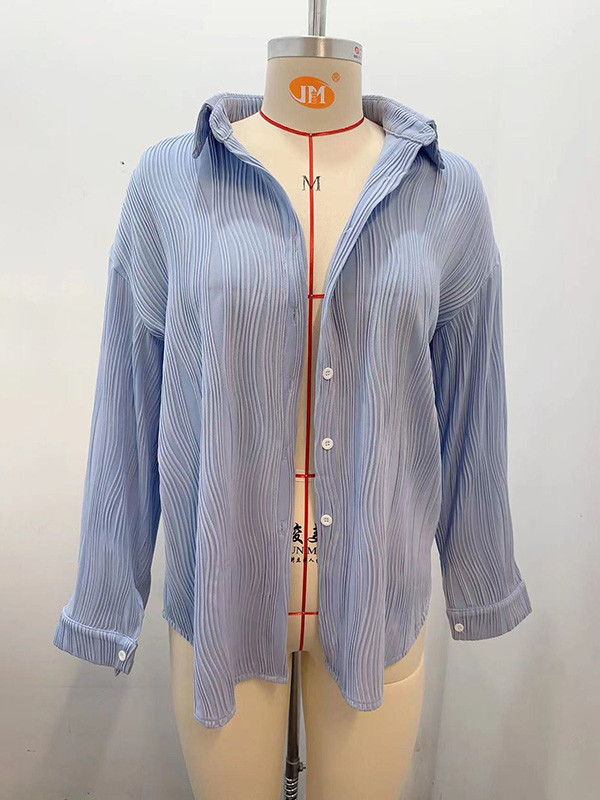 Solid Color Pleated Jacquard Buttoned Long Sleeves Blouses&Shirts Tops