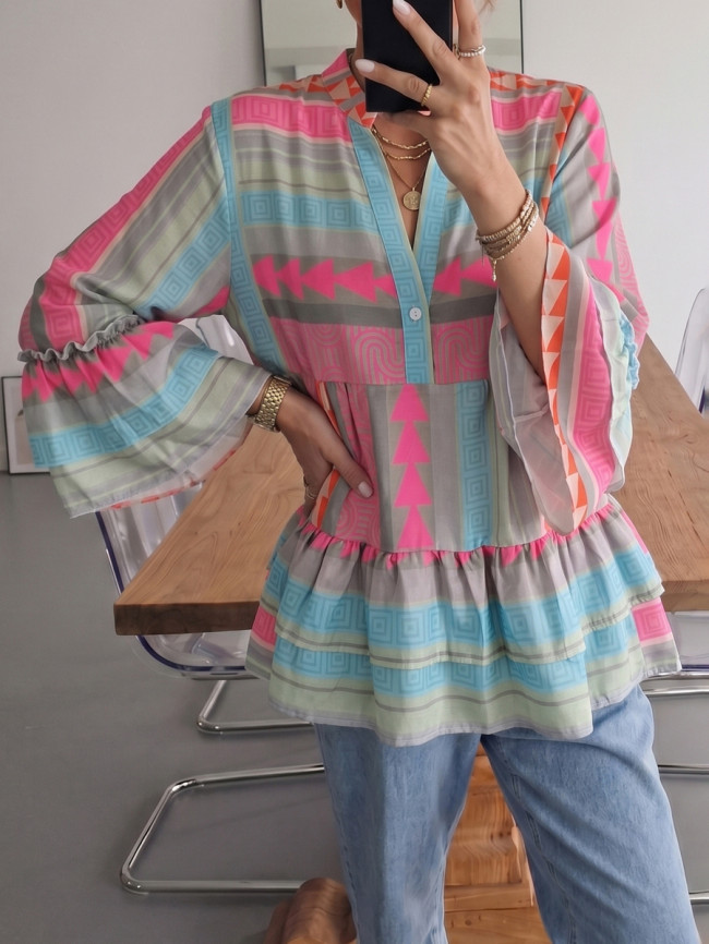 Split-Joint Ruffle Trim Printed Pleated Contrast Color Buttoned Loose Long Sleeves V-Neck Blouses&Shirts Tops