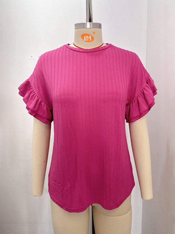 Solid Color Falbala Wrap Round-Neck T-Shirts Tops
