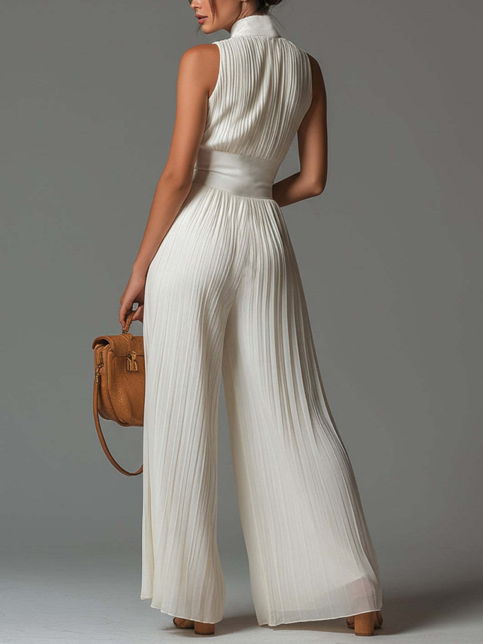 Zipper Solid Color Pleated Wide Leg Sleeveless V-neck Jumpsuits