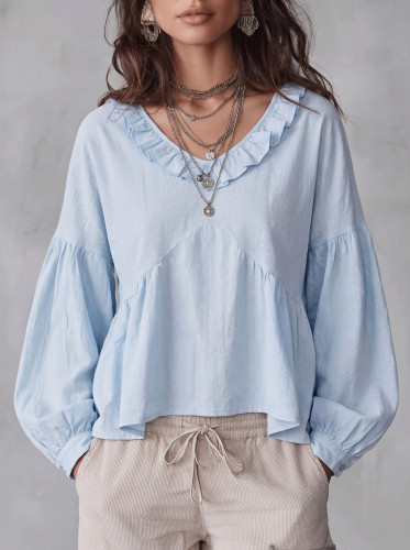 Split-Joint Solid Color Ruffle Trim Pleated Plus Size Loose Deep V-Neck Blouses&shirts Tops