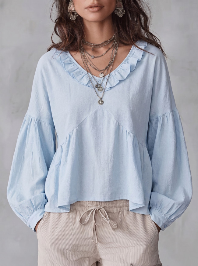 Split-Joint Solid Color Ruffle Trim Pleated Plus Size Loose Deep V-Neck Blouses&shirts Tops