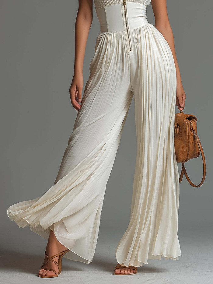 Zipper Solid Color Pleated Wide Leg Sleeveless V-neck Jumpsuits
