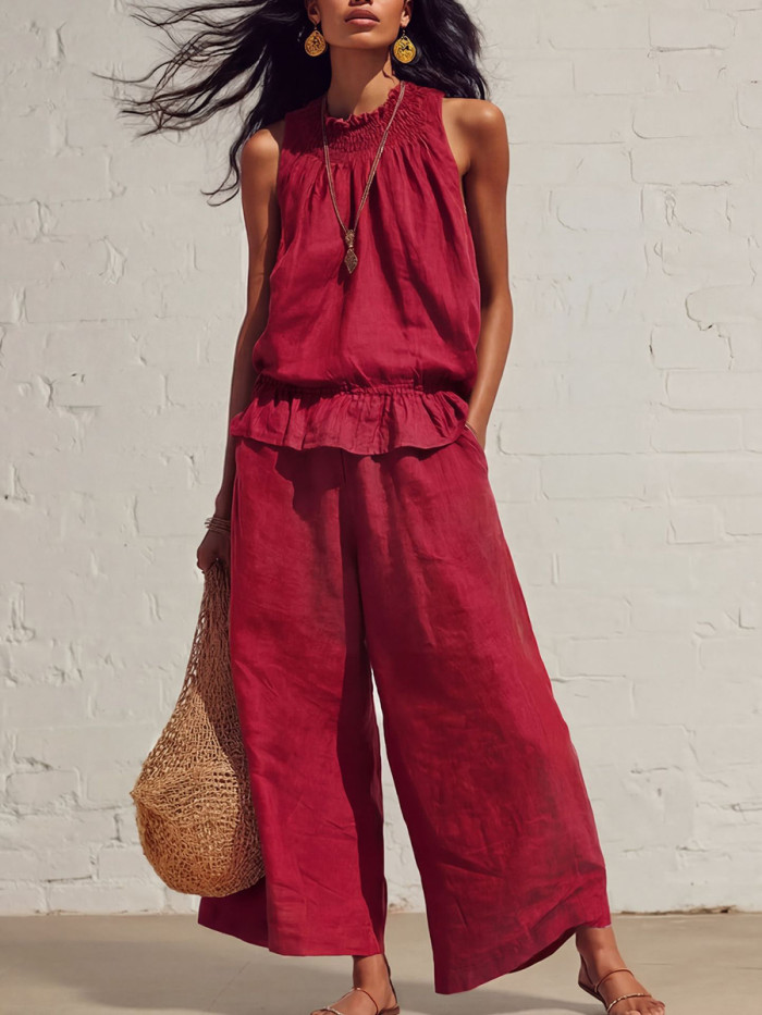 Solid Color Pockets Pleated Elasticity Wide Leg Sleeveless Round-Neck Vest Top + Bottom Pants Two Pieces Set