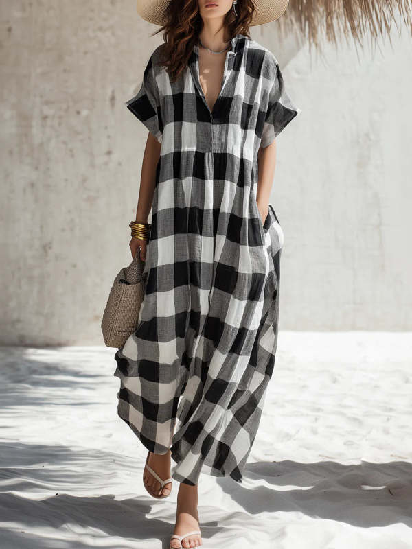Casual Linen And Cotton Plaid Dress