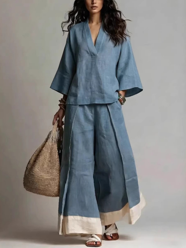 Loose Plus Size Contrast Color Pleated Pockets V-Neck Two Pieces Set