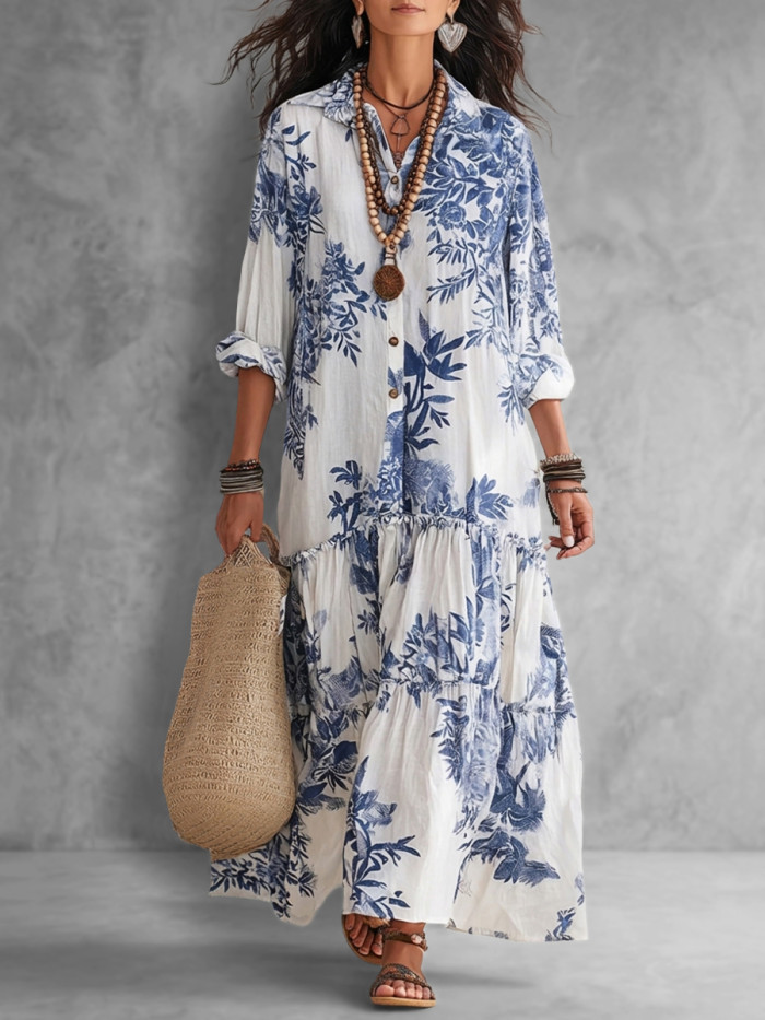 Split-Joint Pleated Leaves Print Contrast Color Buttoned Loose Long Sleeves Lapel Maxi Dresses