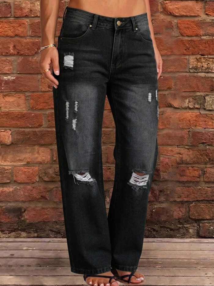 Split-Joint Pockets Hollow Buttoned Wide Leg High Waisted Jean Pants Bottoms
