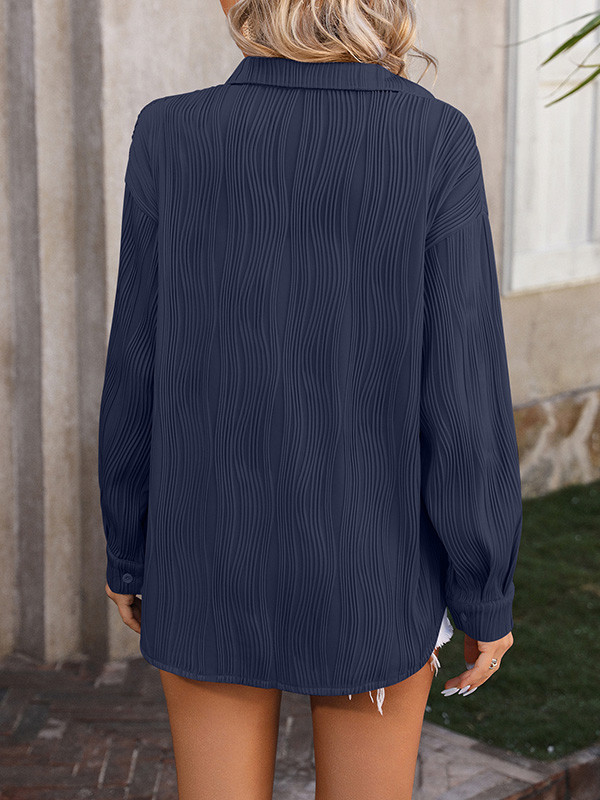Solid Color Pleated Jacquard Buttoned Long Sleeves Blouses&Shirts Tops