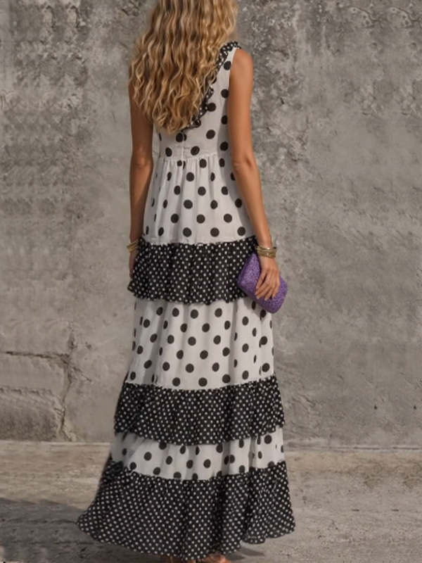 Stylish Casual Maxi Dress Featuring A Mix Of Large And Small Polka-dot Prints And Ruffled Details.
