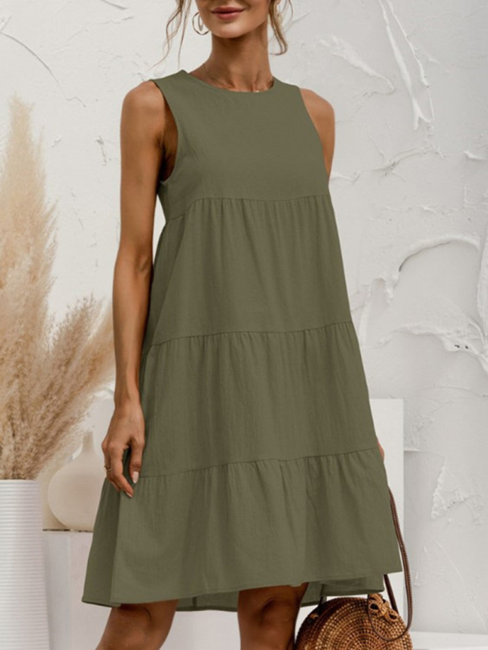 Split-Joint Solid Color Pleated Sleeveless Loose Round-Neck Mini Dresses