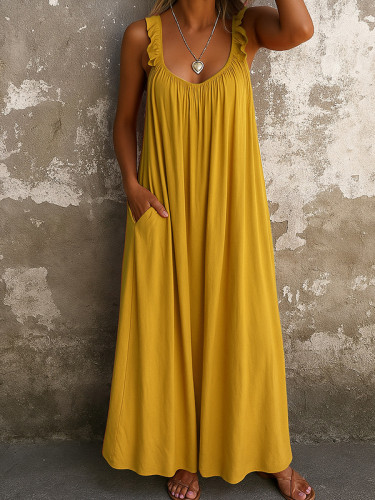 Split-Joint Ruffled Pleated Sleeveless Plus Size U-neck Maxi Dresses