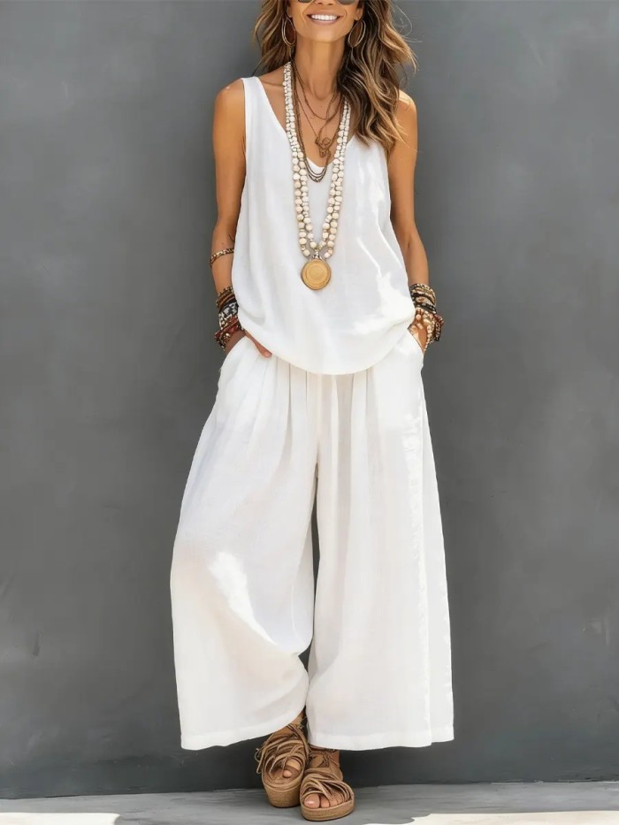 Solid Color Pockets Pleated Elasticity Wide Leg Sleeveless V-Neck Two Pieces Set