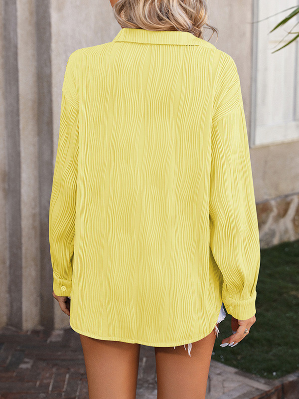 Solid Color Pleated Jacquard Buttoned Long Sleeves Blouses&Shirts Tops
