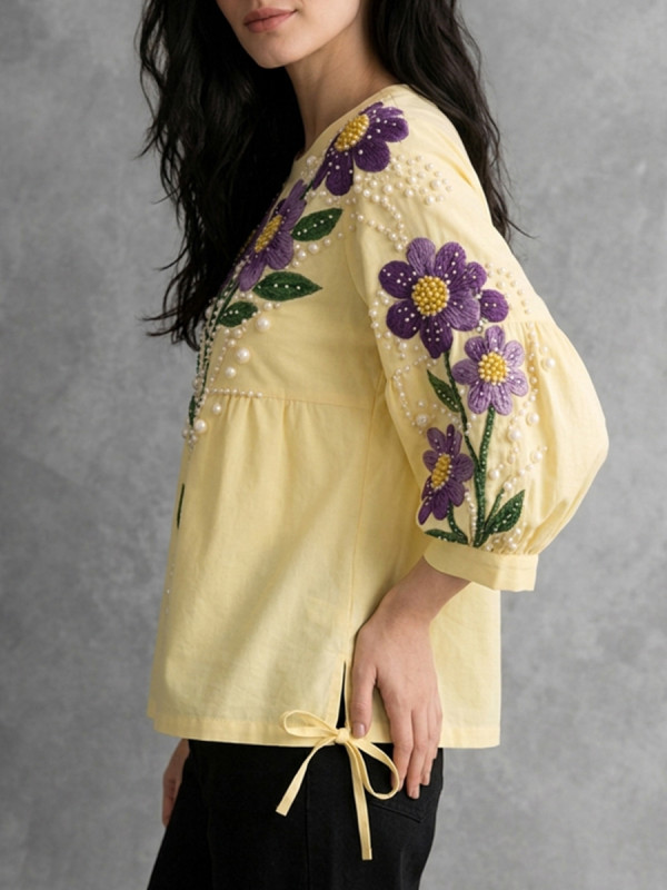 Tied Split-Side Split-Joint Embroidered Contrast Color Beaded Three-Quarter Sleeves Puff Sleeves Round-Neck Blouses&Shirts Tops