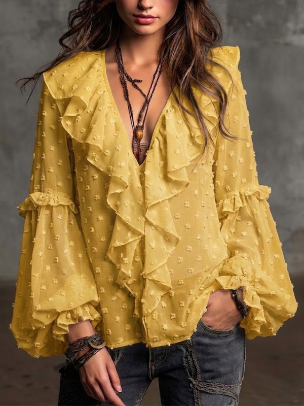 Chic And Elegant Chiffon Blouse Featuring A Jacquard And Fil CoupÃ© Polka-dot Pattern With Ruffle Details.