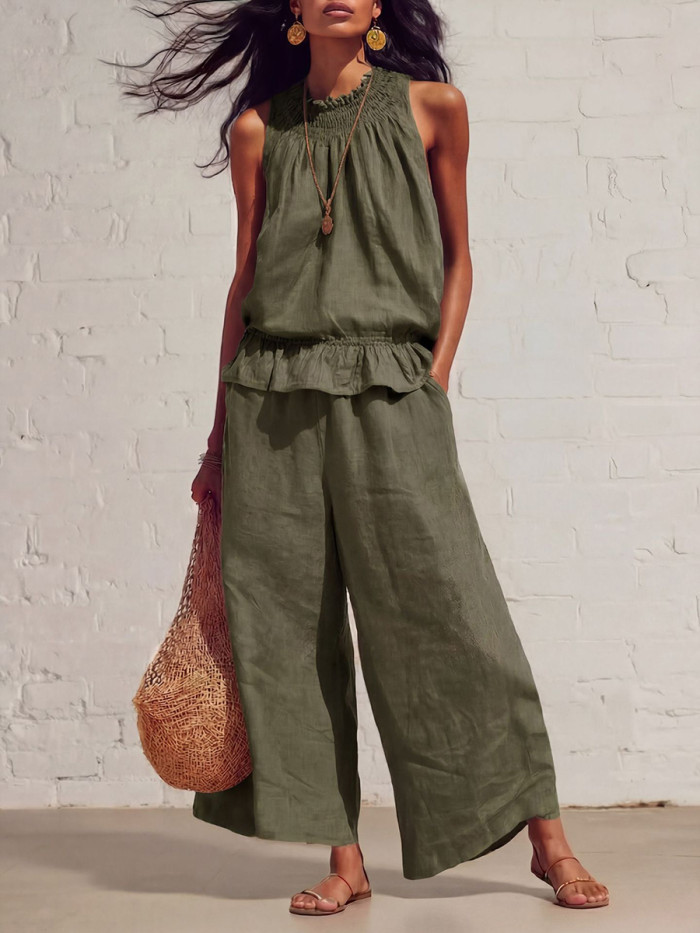 Solid Color Pockets Pleated Elasticity Wide Leg Sleeveless Round-Neck Vest Top + Bottom Pants Two Pieces Set