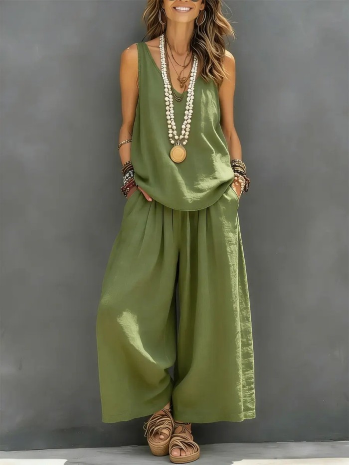Solid Color Pockets Pleated Elasticity Wide Leg Sleeveless V-Neck Two Pieces Set