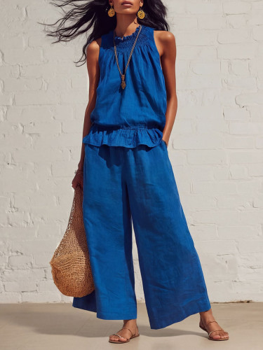 Solid Color Pockets Pleated Elasticity Wide Leg Sleeveless Round-Neck Vest Top + Bottom Pants Two Pieces Set