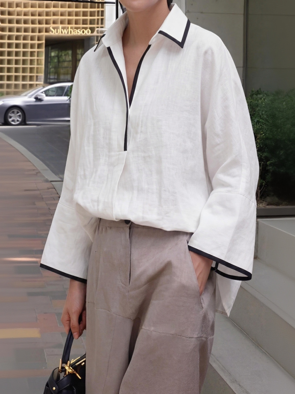 Split-Joint Solid Color Loose Long Sleeves Lapel Blouses&Shirts Tops