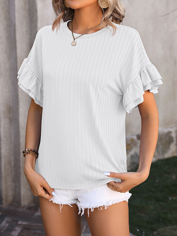 Solid Color Falbala Wrap Round-Neck T-Shirts Tops