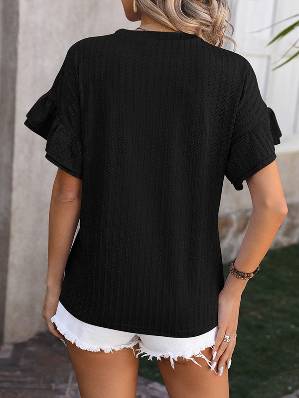 Solid Color Falbala Wrap Round-Neck T-Shirts Tops