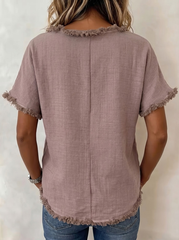 Split-Joint Solid Color Fringed Short Sleeves Loose Round-Neck T-Shirts Tops