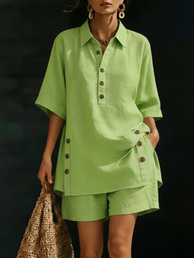 Solid Color Pockets Buttoned Wide Leg Short Sleeves Lapel Blouse Top + Shorts Bottom Two Pieces Set