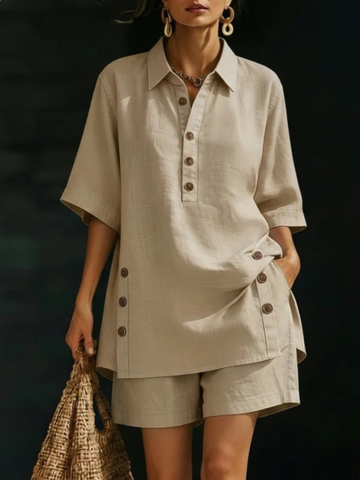 Solid Color Pockets Buttoned Wide Leg Short Sleeves Lapel Blouse Top + Shorts Bottom Two Pieces Set