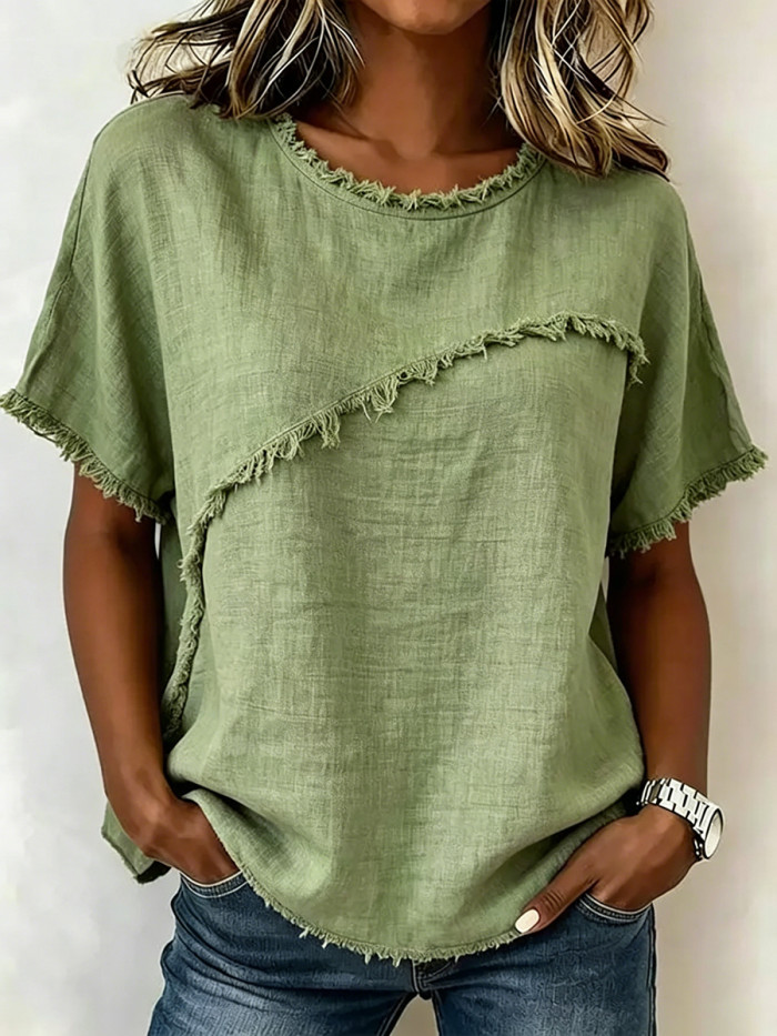 Split-Joint Solid Color Fringed Short Sleeves Loose Round-Neck T-Shirts Tops
