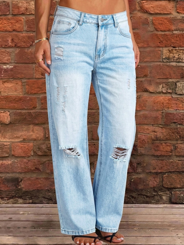 Split-Joint Pockets Hollow Buttoned Wide Leg High Waisted Jean Pants Bottoms