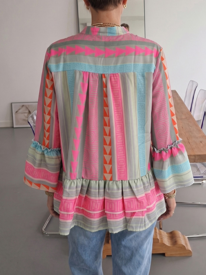 Split-Joint Ruffle Trim Printed Pleated Contrast Color Buttoned Loose Long Sleeves V-Neck Blouses&Shirts Tops