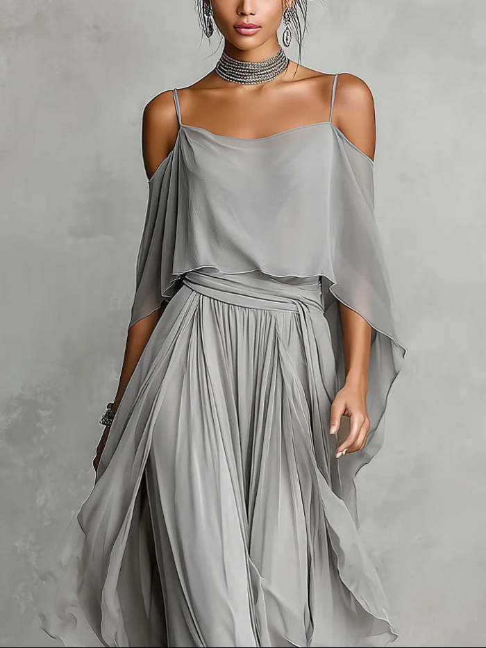 Grey off-shoulder flowy camisole and trousers chiffon set